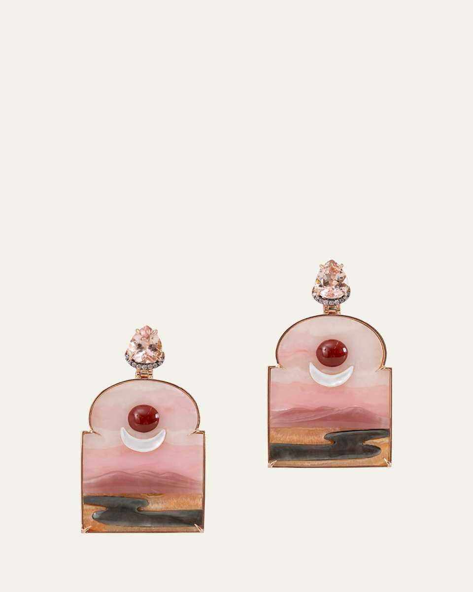 18K Morganite Earrings with Mother of Pearl, Guava Quartz, Red Jasper and Alabaster